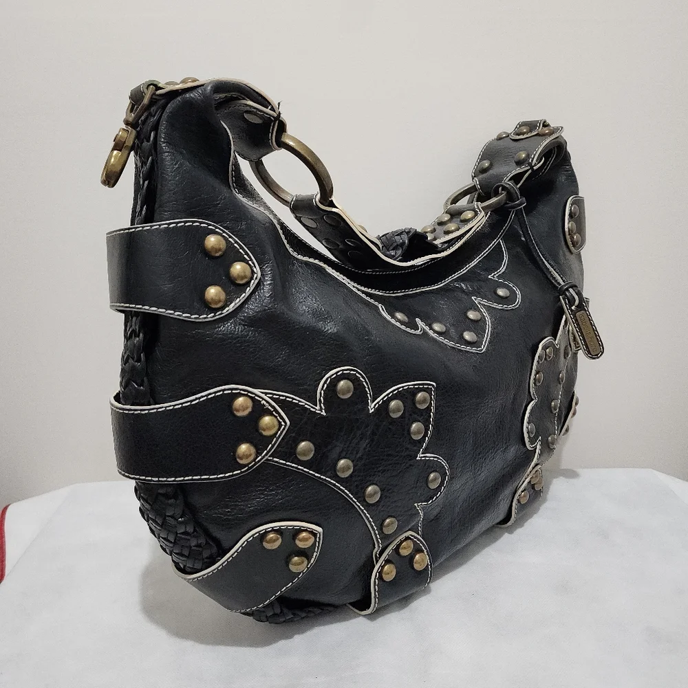 Isabella Fiore Black Leather Studded Braided Hobo Shoulder Bag Boho Western Chic - Picture 5 of 15